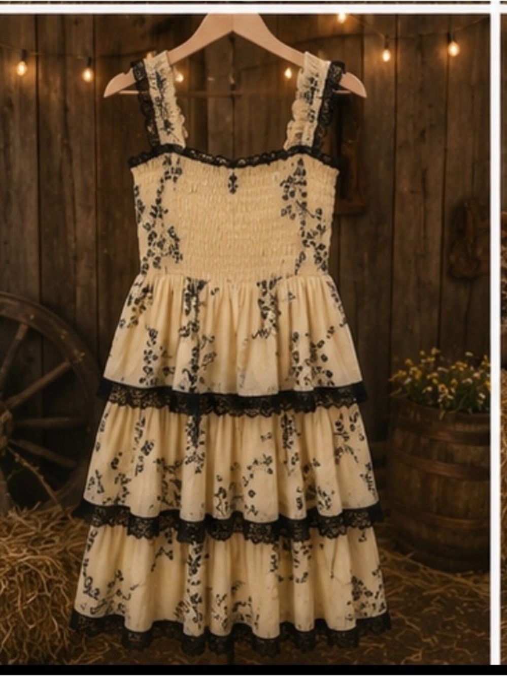 Ganni Cream Tiered Midi Dress with Black Floral Print & Lace Trim